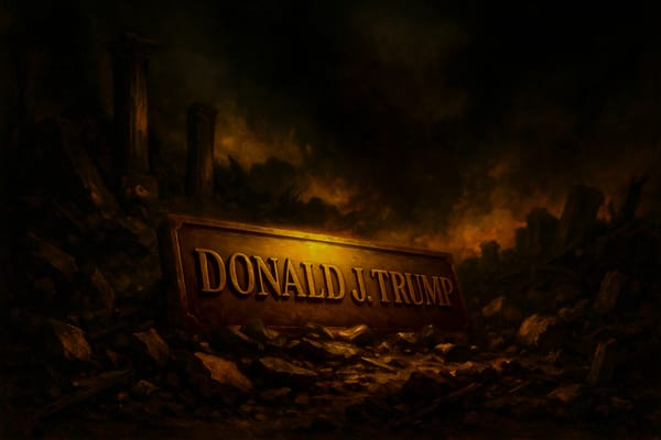 Goldenes Namensschild „Donald J. Trump“ liegt in einem düsteren Trümmerfeld unter dramatischem Licht, inspiriert vom Stil Caravaggios.